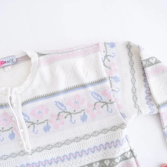 Vintage Grace Cream with Pink  Floral Half Button Down Sweater - Picture 10 of 13